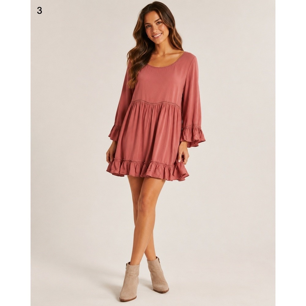 Indigo Soul Mini Dress Womens Small Pink Rayon Doily Back Bell Sleeve Flowy